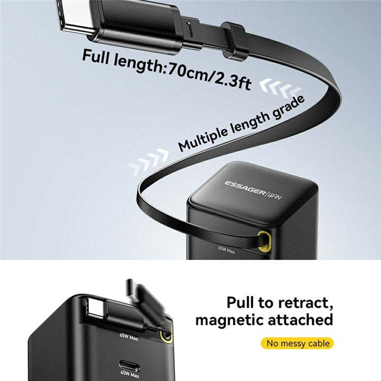 ESSAGER Portable 65W Fast Charging USB C Travel Charger with Retractable Type C Cable - EU Plug