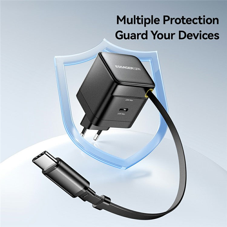 ESSAGER Portable 65W Fast Charging USB C Travel Charger with Retractable Type C Cable - EU Plug