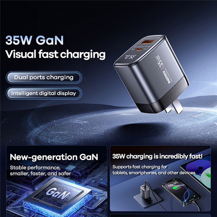 REMAX U2-AC35W GaN Digital Display Fast Charger Adapter 35W Type-C / 30W USB-A Dual Port Adapter - EU Plug