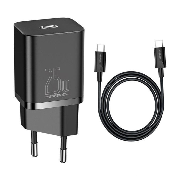 BASEUS Super Si Quick Charger Adapter 25W Wall Charger Block with Type-C to Type-C Charging Cable 3A 1m (EU Plug) - Black