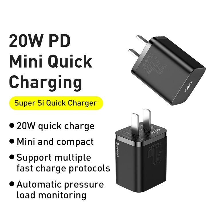 BASEUS Super Si Quick Charger 20W PD Wall Charger with Type-C to iP Data Cable 1m (CN Standard Plug) - Black