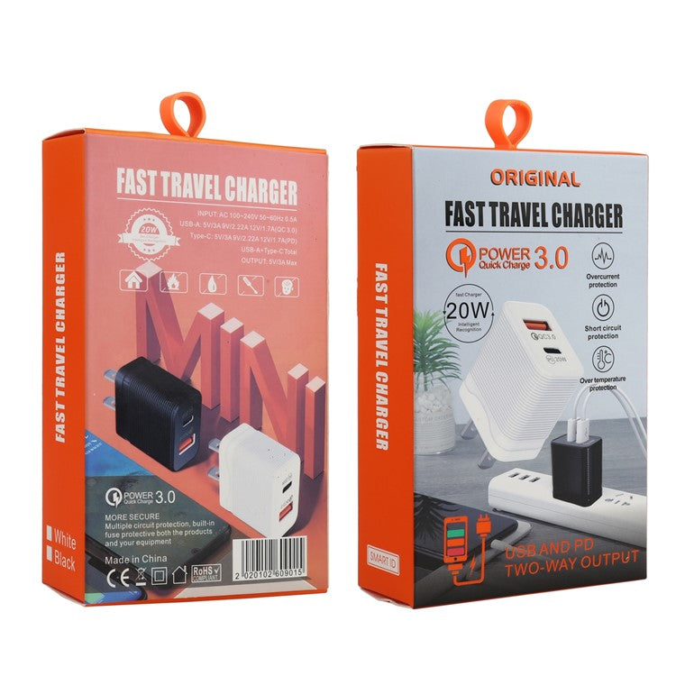 LZ-728 QC 3.0 USB+PD 20W Type-C Travel Wall Charger Fast Charging Phone Adapter for Xiaomi iPhone - White US Plug