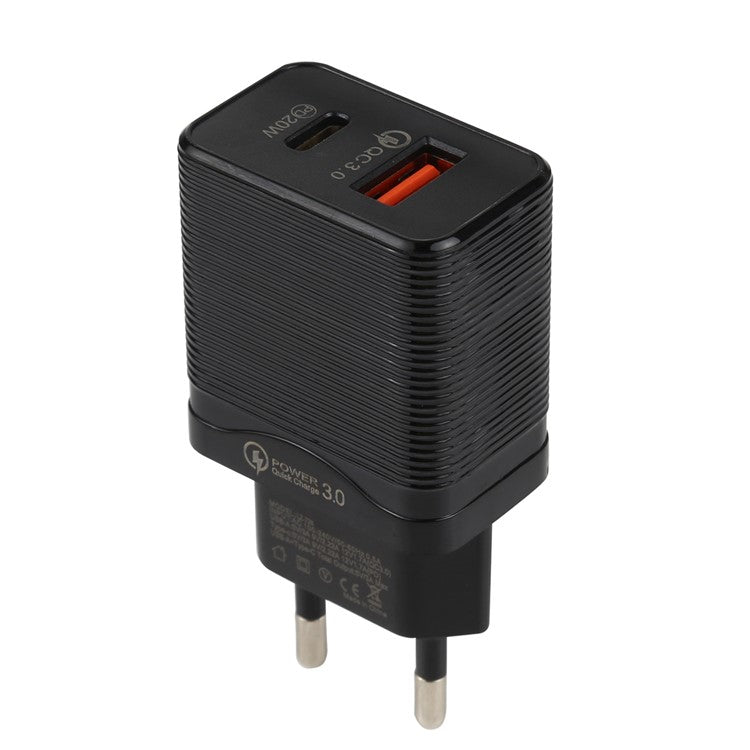 LZ-728 QC 3.0 USB+PD 20W Type-C Travel Wall Charger Fast Charging Phone Adapter for Xiaomi iPhone - Black EU Plug