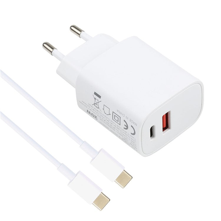 E087 20W Type-C+USB Fast Charging Wall Charger Adapter with 2m 20W Type-C to Type-C Cable - EU Plug