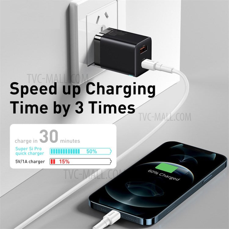 BASEUS Super Si Pro Type-C + USB Quick Charger Travel Dual Port Charging Block 30W - US Plug / Black
