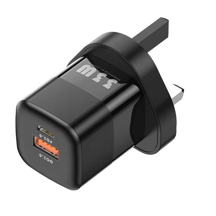 KUULAA RY-U33 Dual Port QC3.0 PD3.0 GaN Fast Charger 33W PD Type-C+USB Phone Charging Adapter - Black/UK Plug