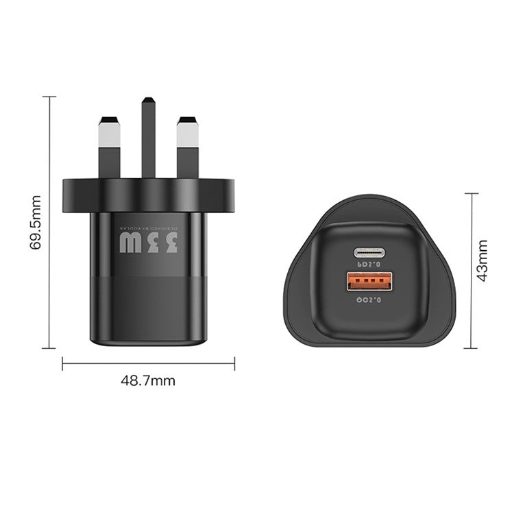 KUULAA RY-U33 Dual Port QC3.0 PD3.0 GaN Fast Charger 33W PD Type-C+USB Phone Charging Adapter - Black/UK Plug