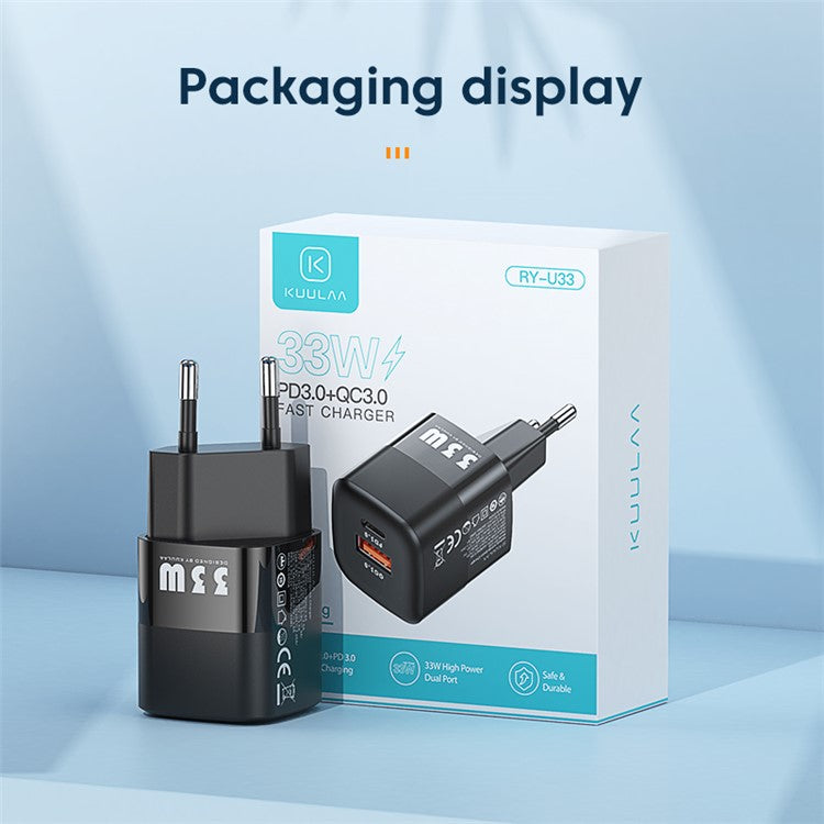 KUULAA RY-U33 Dual Port QC3.0 PD3.0 GaN Fast Charger 33W PD Type-C+USB Phone Charging Adapter - White/EU Plug
