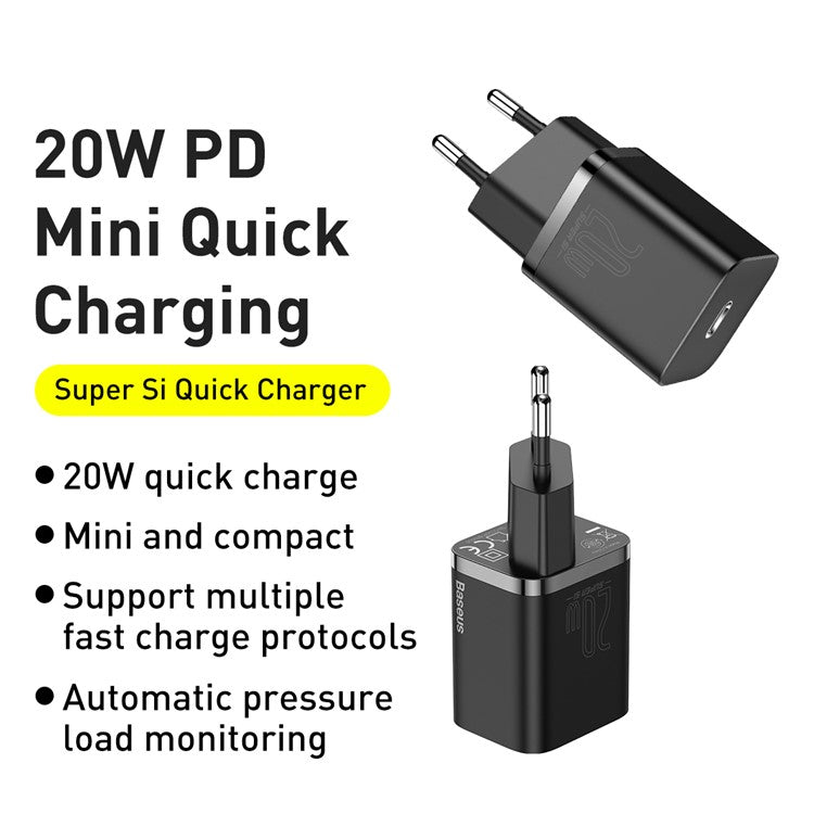 BASEUS Super Si Quick Charger Type-C 20W PD Fast Charging EU Plug Power Adapter (With Baseus Simple Wisdom Type-C to iP 1m Data Cable) - Black