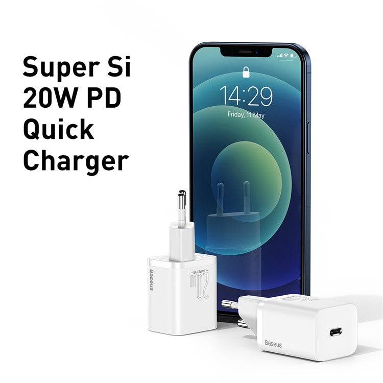 BASEUS Super Si Quick Charger Type-C 20W PD Fast Charging EU Plug Adapter (with 1m Type-C to iP Cable) - White