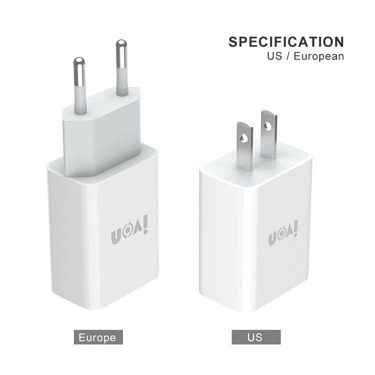 IVON AD-33 2.1A USB Charger Portable Travel Wall Adapter + 1m Type-C Data Cable - US Plug