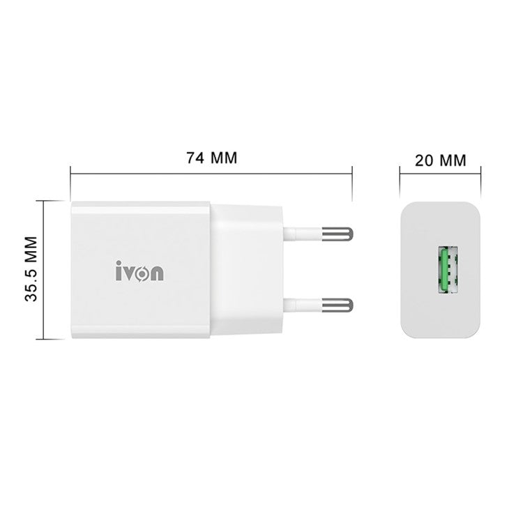 IVON AD-35 3A Fast Charging Travel Power Adapter QC3.0 USB Wall Charger + 1m Type-C Data Cable - EU Plug