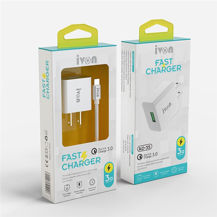 IVON AD-35 3A Fast Charging Travel Power Adapter QC3.0 USB Wall Charger + 1m Type-C Data Cable - US Plug