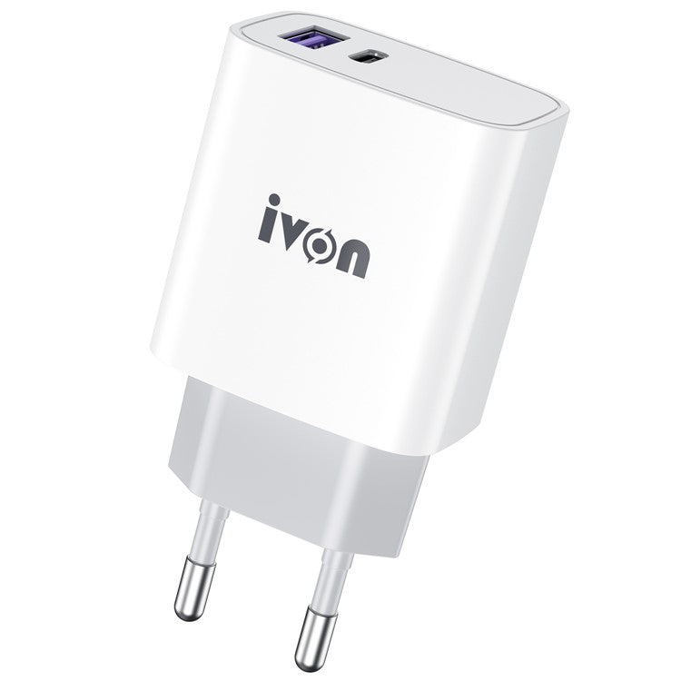 IVON AD52 Portable 18W PD Charger Type-C + USB Dual Ports Power Adapter - EU Plug