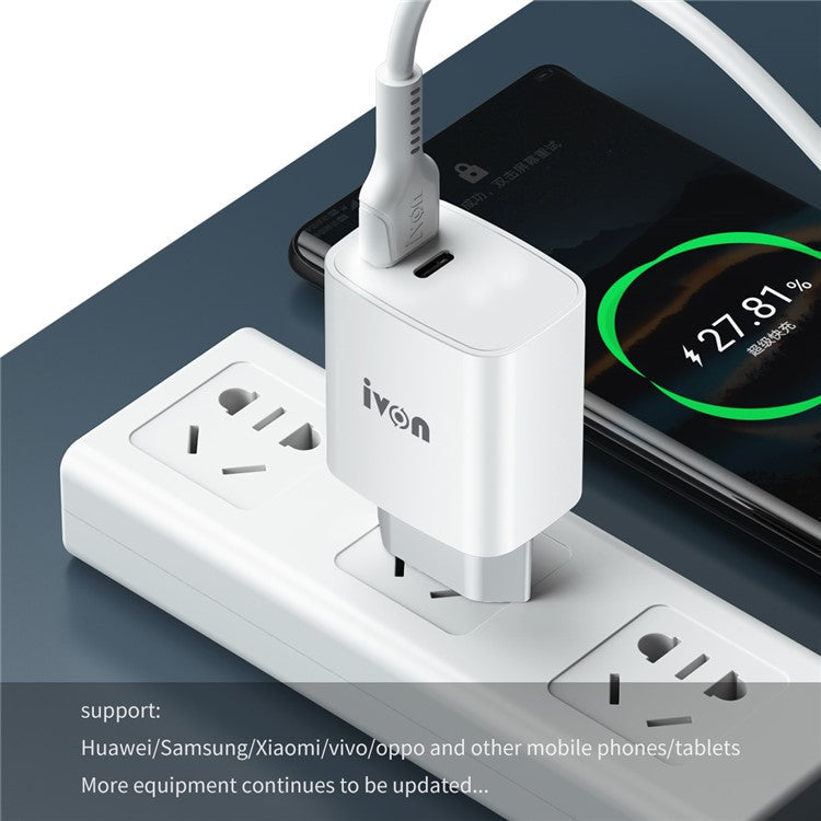 IVON AD52 Portable 18W PD Charger Type-C + USB Dual Ports Power Adapter - EU Plug