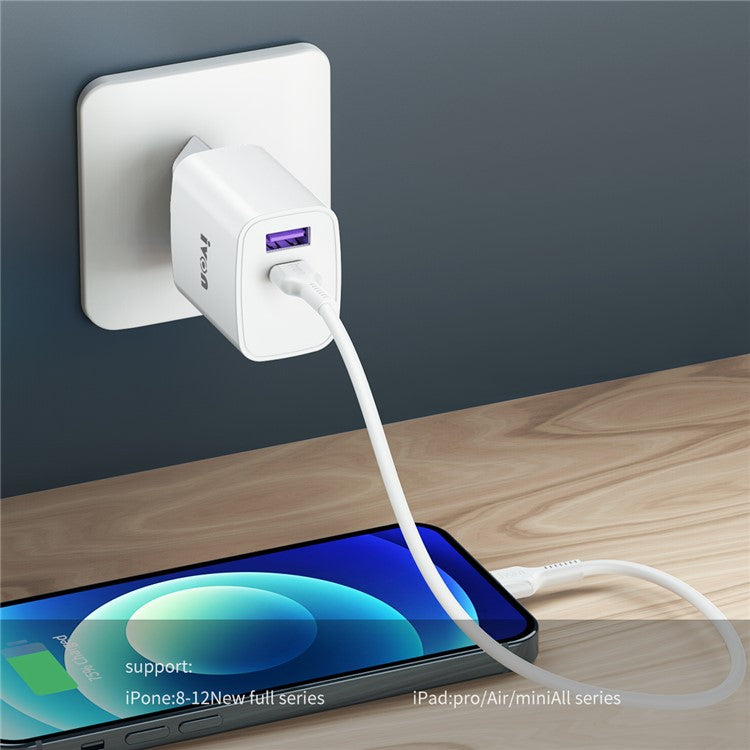 IVON AD52 Portable 18W PD Charger Type-C + USB Dual Ports Power Adapter - EU Plug