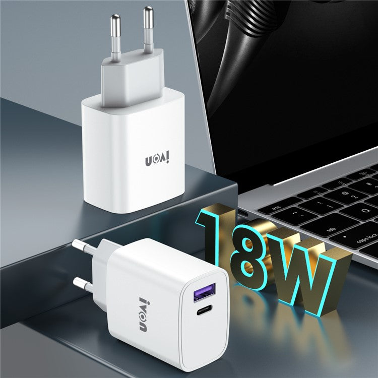 IVON AD52 Portable 18W PD Charger Type-C + USB Dual Ports Power Adapter - EU Plug