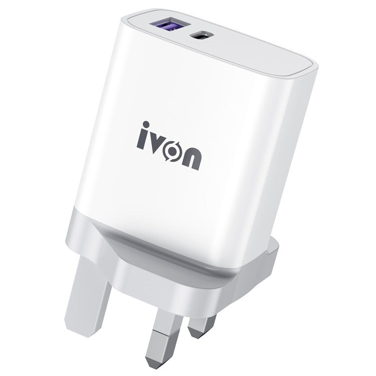 IVON AD52 Portable 18W PD Charger Type-C + USB Dual Ports Power Adapter - UK Plug