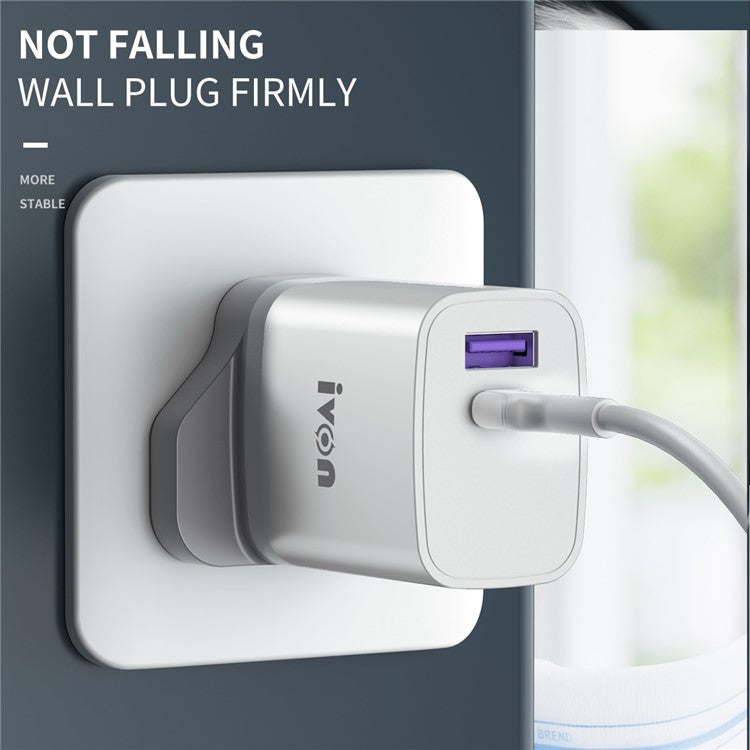 IVON AD52 Portable 18W PD Charger Type-C + USB Dual Ports Power Adapter - UK Plug
