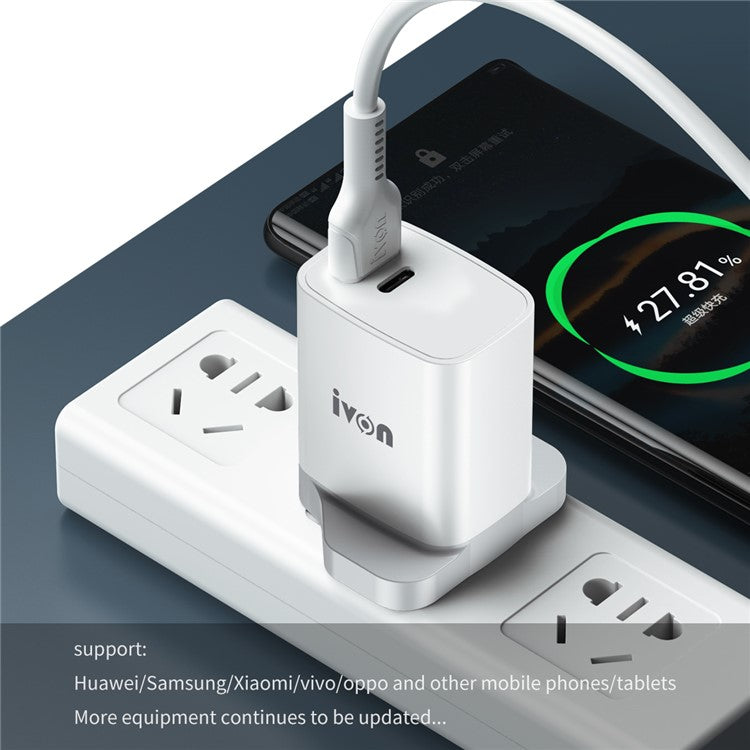 IVON AD52 Portable 18W PD Charger Type-C + USB Dual Ports Power Adapter - UK Plug