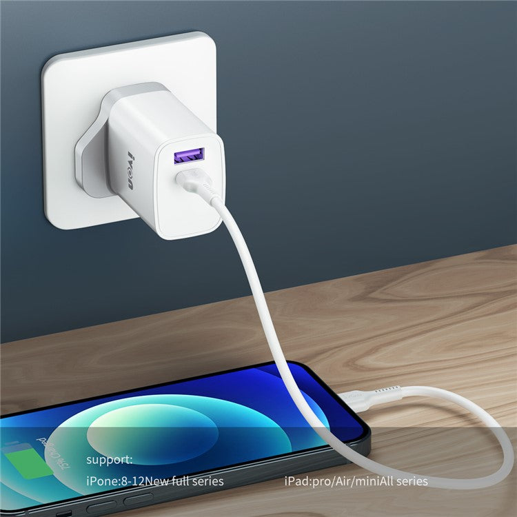 IVON AD52 Portable 18W PD Charger Type-C + USB Dual Ports Power Adapter - UK Plug