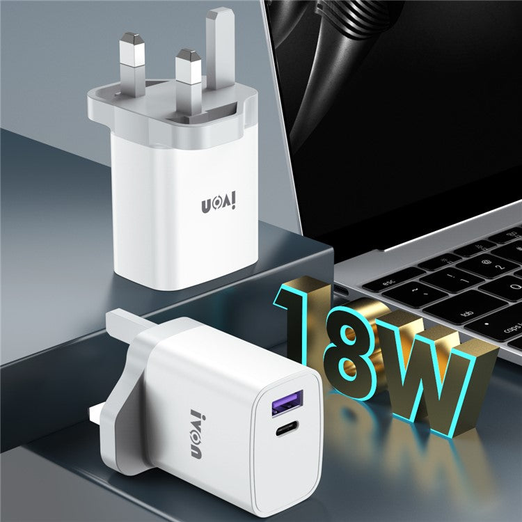 IVON AD52 Portable 18W PD Charger Type-C + USB Dual Ports Power Adapter - UK Plug