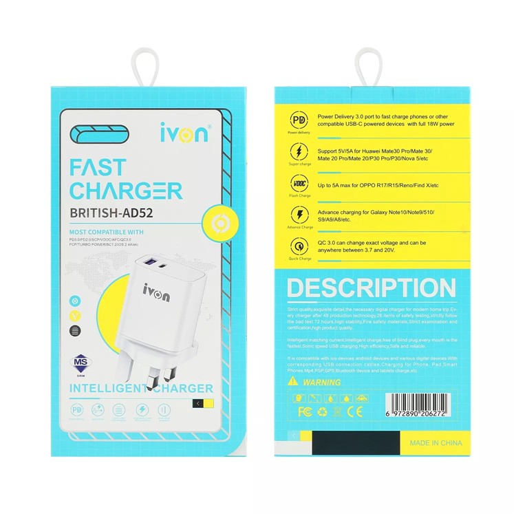IVON AD52 Portable 18W PD Charger Type-C + USB Dual Ports Power Adapter - UK Plug