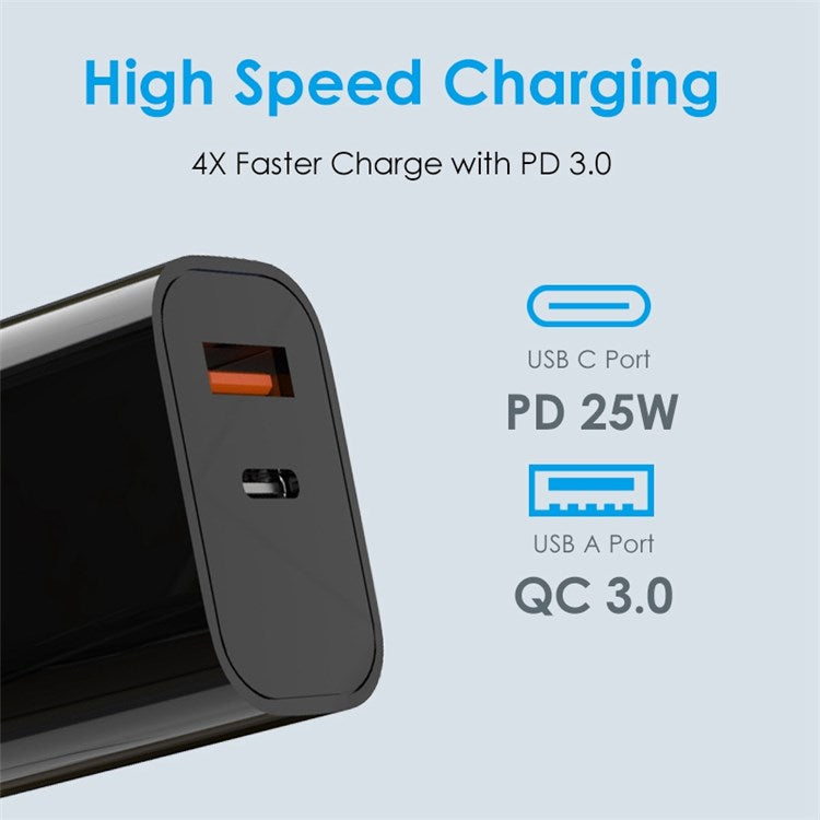 NORTHJO NOPD250602AU USB QC3.0 + Type-C PD 25W Fast Charging Adapter Dual Port Wall Charger - AU Plug/Black