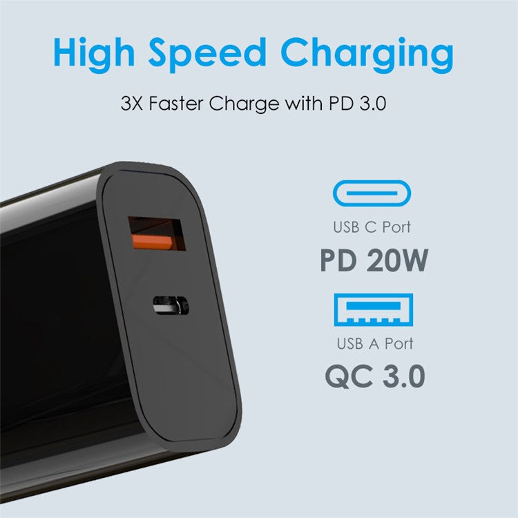 NORTHJO NOPD200602AU USB A + Type-C PD 20W QC3.0 Fast Charger Dual Ports Power Adapter - AU Plug/Black