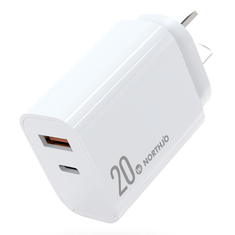 NORTHJO NOPD200602AU USB A + Type-C PD 20W QC3.0 Fast Charger Dual Ports Power Adapter - AU Plug/White