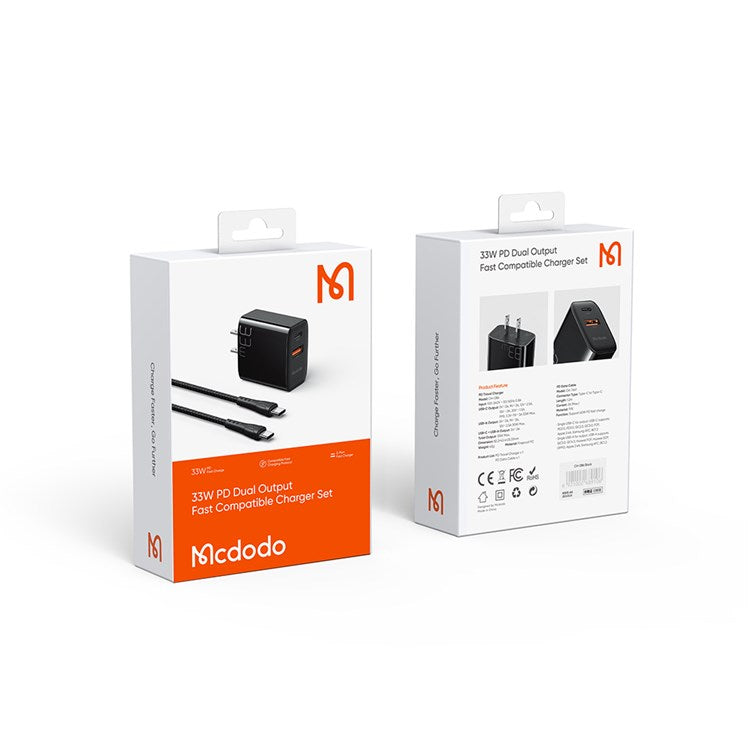 MCDODO MDD PD33W PD Dual Output Fast Compatible Charger Set USB A+USB C Charger Adapter Block with Type-C to Type-C Cable - US Plug