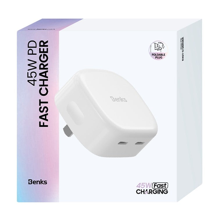 BENKS PA49 CN Plug Dual Type-C Port 45W Phone Fast Charging Adapter Wall Charger - White