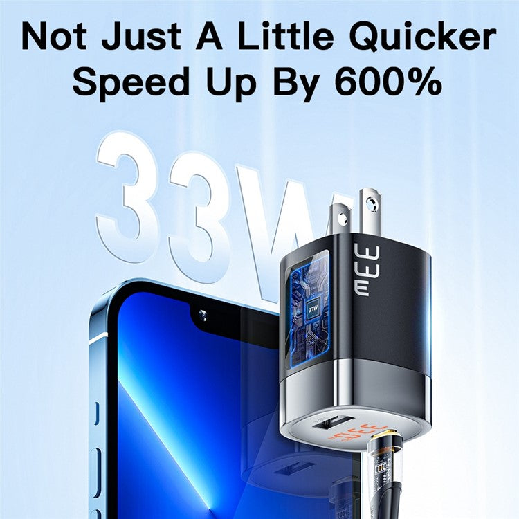ESSAGER 33W Fast Charging GaN Power Adapter USB-A + Type-C Dual Port Charger with Digital Display - US Plug / Black