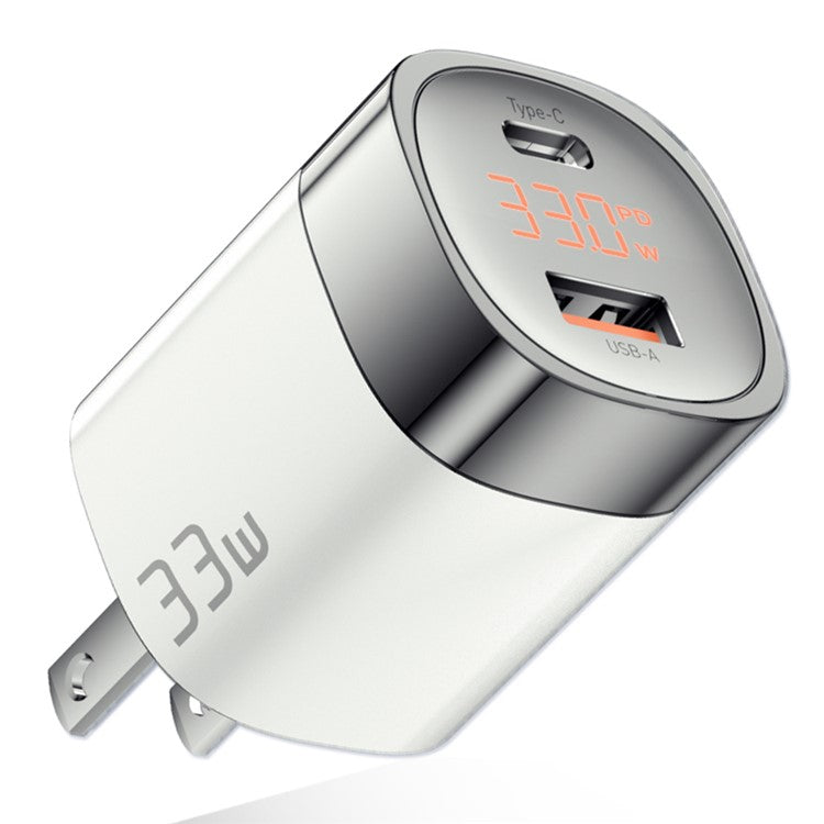 ESSAGER 33W Fast Charging GaN Power Adapter USB-A + Type-C Dual Port Charger with Digital Display - US Plug / White