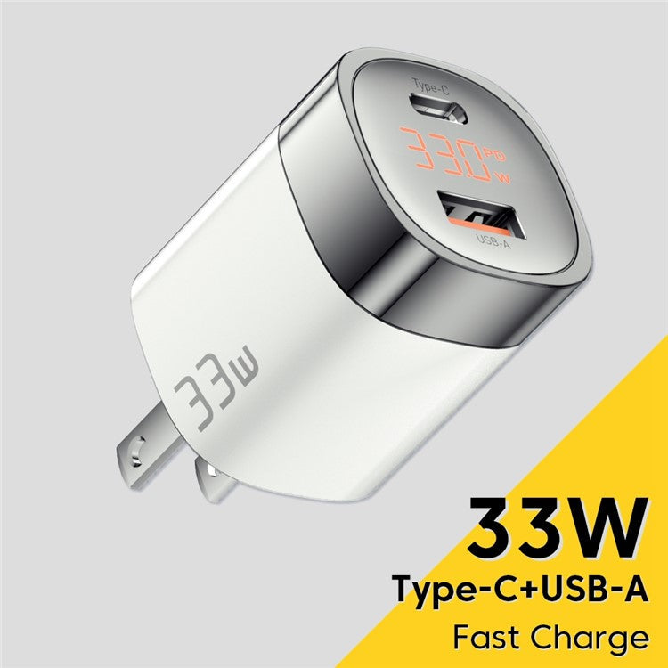 ESSAGER 33W Fast Charging GaN Power Adapter USB-A + Type-C Dual Port Charger with Digital Display - US Plug / White