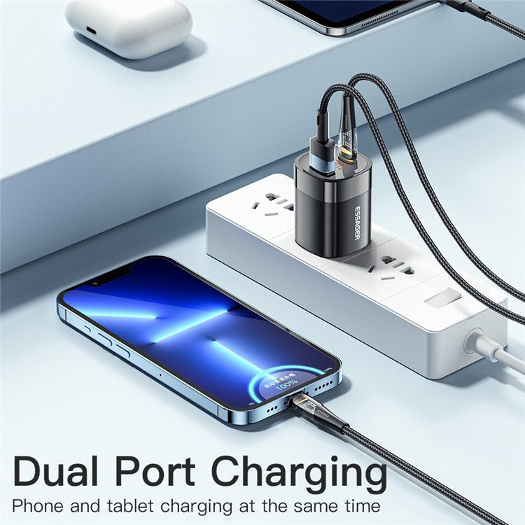 ESSAGER 33W Fast Charging GaN Power Adapter USB-A + Type-C Dual Port Charger with Digital Display - US Plug / White
