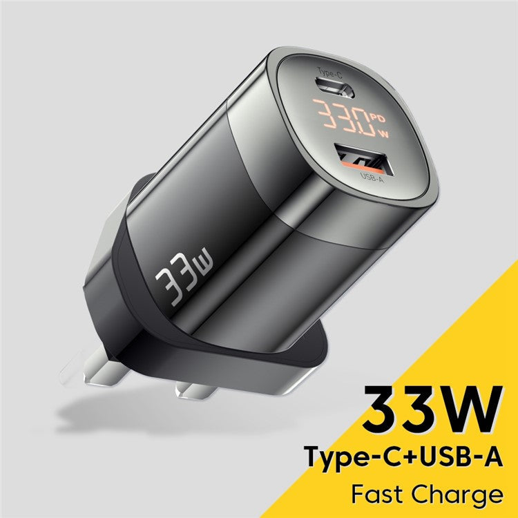 ESSAGER 33W Fast Charging GaN Power Adapter USB-A + Type-C Dual Port Charger with Digital Display - UK Plug / Black