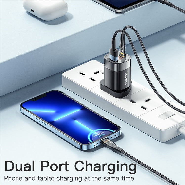 ESSAGER 33W Fast Charging GaN Power Adapter USB-A + Type-C Dual Port Charger with Digital Display - UK Plug / Black