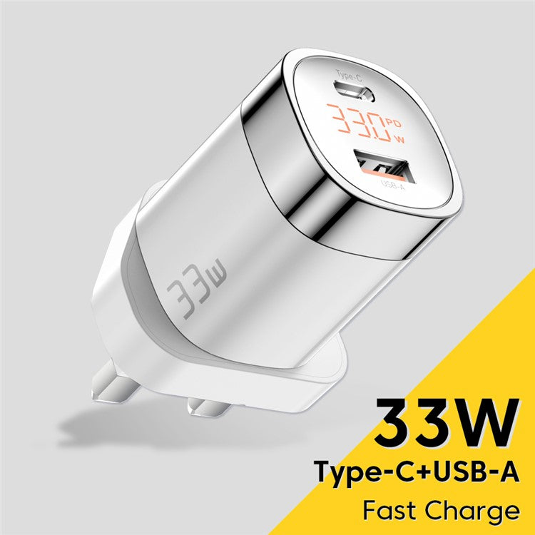 ESSAGER 33W Fast Charging GaN Power Adapter USB-A + Type-C Dual Port Charger with Digital Display - UK Plug / White