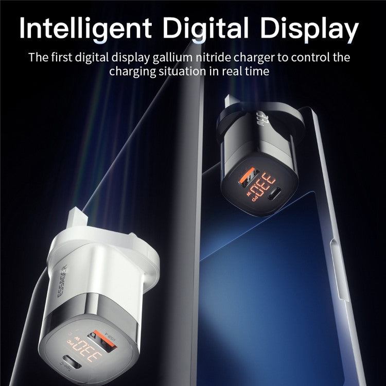 ESSAGER 33W Fast Charging GaN Power Adapter USB-A + Type-C Dual Port Charger with Digital Display - UK Plug / White