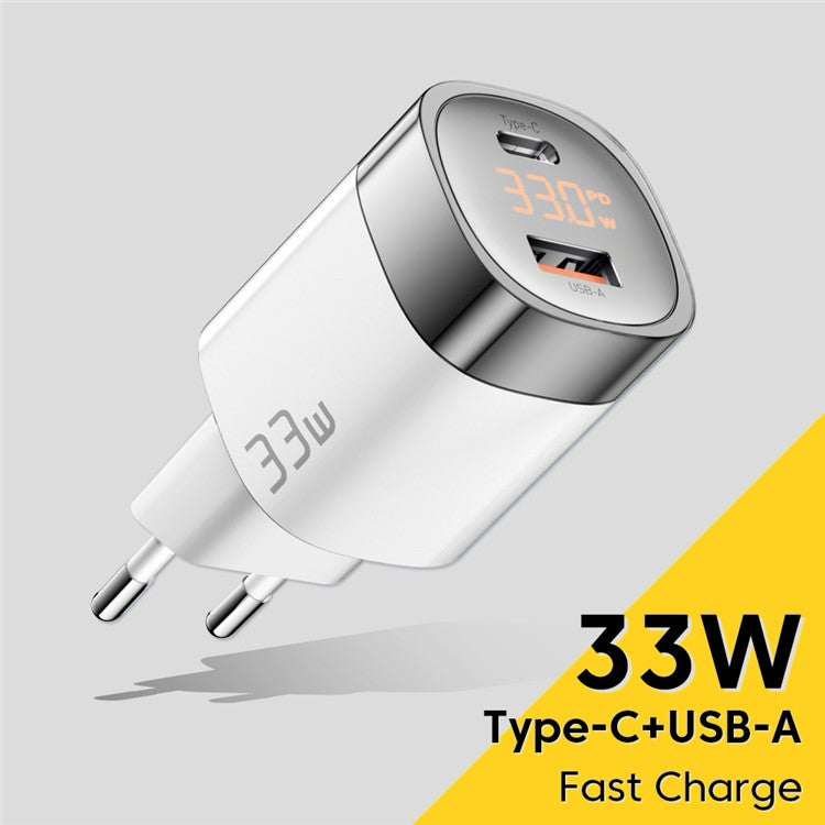 ESSAGER 33W Fast Charging GaN Power Adapter USB-A + Type-C Dual Port Charger with Digital Display - EU Plug / White