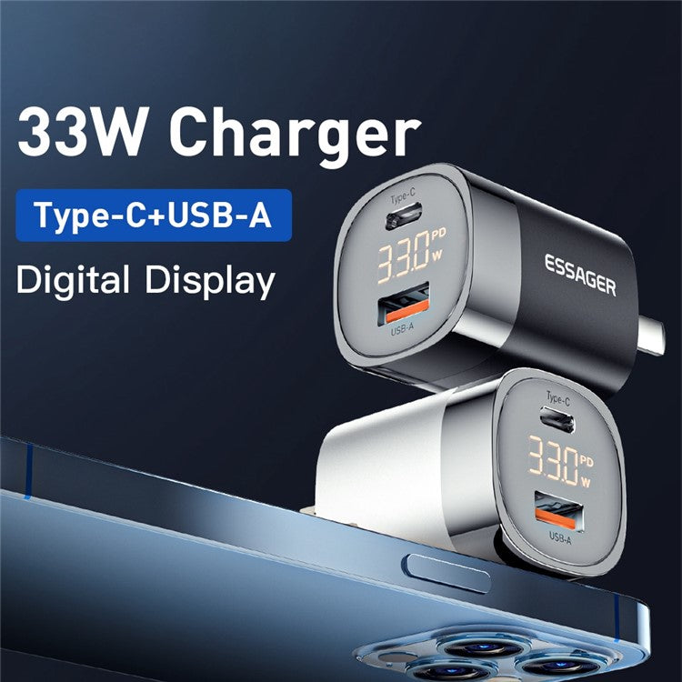 ESSAGER 33W Fast Charging GaN Power Adapter USB-A + Type-C Dual Port Charger with Digital Display - EU Plug / White
