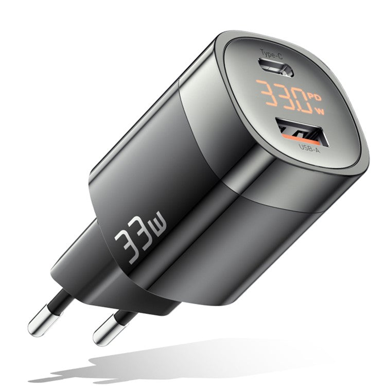 ESSAGER 33W Fast Charging GaN Power Adapter USB-A + Type-C Dual Port Charger with Digital Display - EU Plug / Black