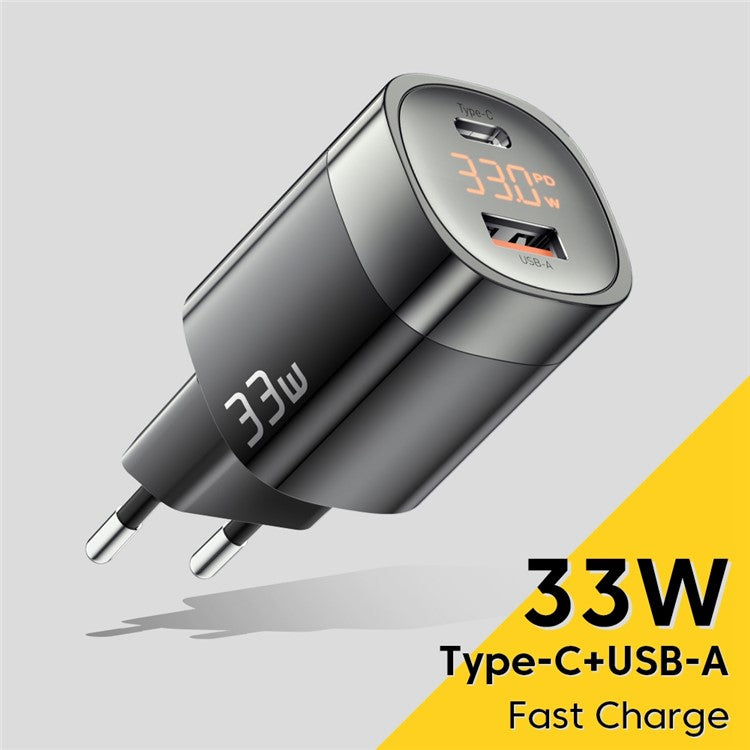 ESSAGER 33W Fast Charging GaN Power Adapter USB-A + Type-C Dual Port Charger with Digital Display - EU Plug / Black