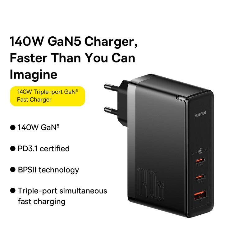 BASEUS GaN5 Pro Fast Charger 2Type-C+USB 140W EU Plug Multi-Port Wall Charger Adapter Block Quick Charging Box Brick with 1m Type-C To Type-C 240W Cable - Black