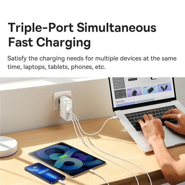 BASEUS GaN5 Pro Fast Charger 2Type-C+USB 140W EU Plug Multi-Port Wall Charger Adapter Block Quick Charging Box Brick with 1m Type-C To Type-C 240W Cable - White