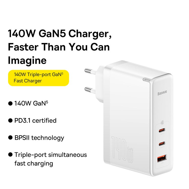 BASEUS GaN5 Pro Fast Charger 2Type-C+USB 140W EU Plug Multi-Port Wall Charger Adapter Block Quick Charging Box Brick with 1m Type-C To Type-C 240W Cable - White