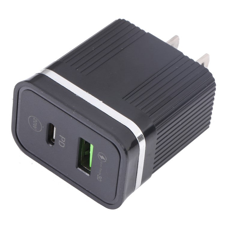 46-A2C2 20W PD + QC3.0 USB Fast Charger Type-C / USB-A Dual Port Power Adapter - US Plug / Black