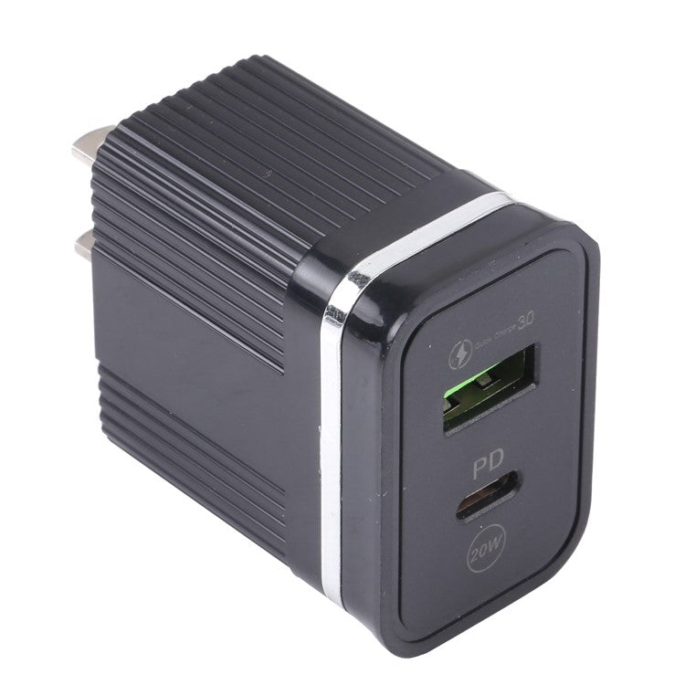 46-A2C2 20W PD + QC3.0 USB Fast Charger Type-C / USB-A Dual Port Power Adapter - US Plug / Black