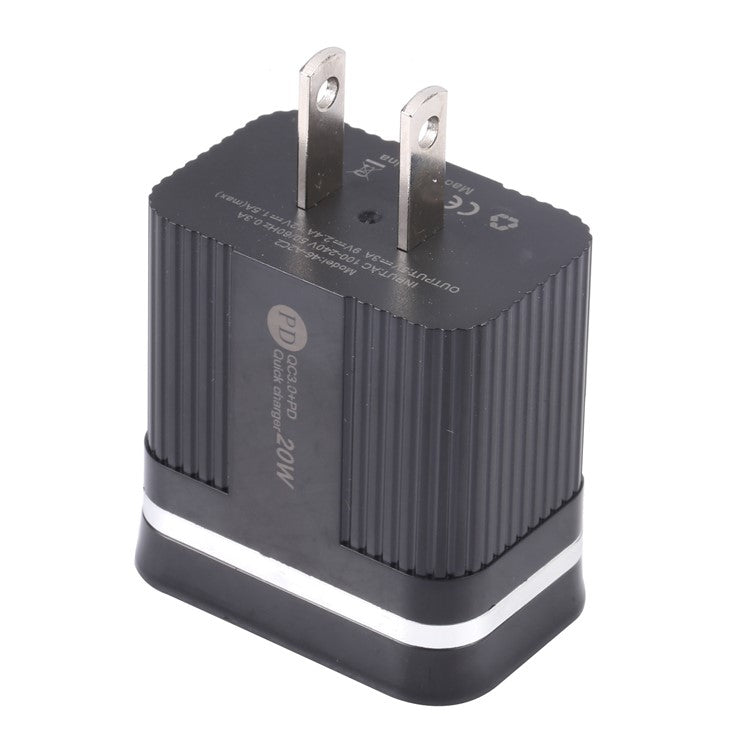46-A2C2 20W PD + QC3.0 USB Fast Charger Type-C / USB-A Dual Port Power Adapter - US Plug / Black